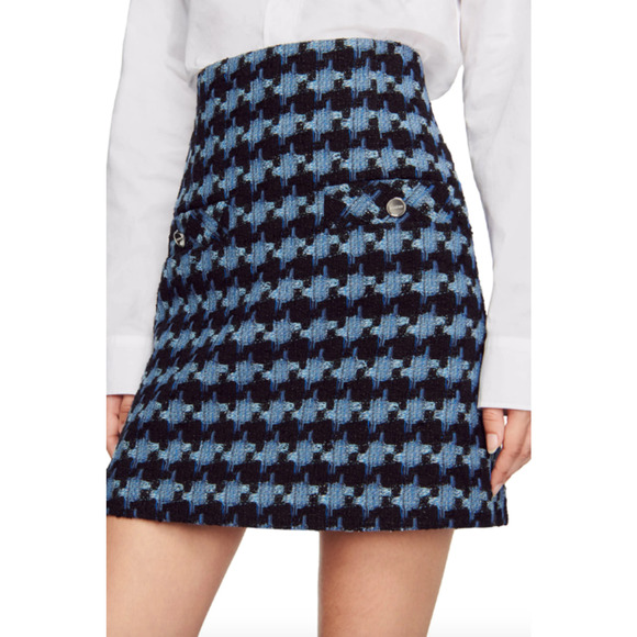 SANDRO Marty Tweed Mini Skirt Blue Houndstooth Size 34 0 XS Preppy Academia - Picture 1 of 8